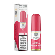 A product image showing a pink bottle of Bar Juice 5000 e-liquid with a label indicating the flavor as Pink Lemonade. The packaging is designed for a vaping product and mentions nicotine lemonade as an ingredient.